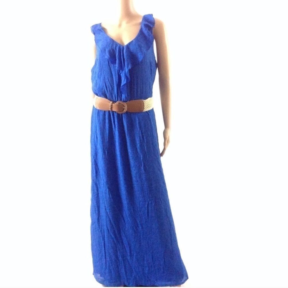 Ab Studio blue ruffle neck belted waist maxi dress